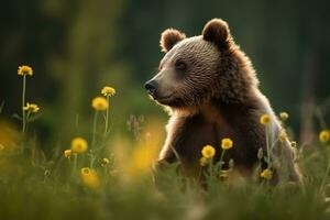 ai gerado Urso filhote dentro natureza em verão floresta fundo. fechar-se animal retrato. ai gerado foto