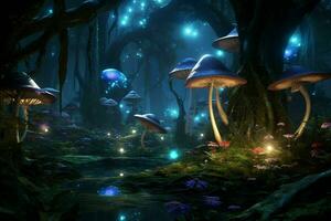 ai gerado uma mágico floresta clareira com bioluminescente foto