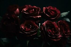 ai gerado Rosa rosas Sombrio temperamental romântico fundo. fechar-se flores cartão pano de fundo. ai gerado foto