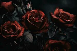 ai gerado vermelho rosas fechar-se Sombrio romântico fundo. flores papel de parede. ai gerado foto