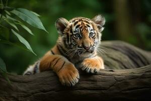 ai gerado tigre filhote dentro natureza em verão floresta fundo. fechar-se animal retrato. ai gerado foto
