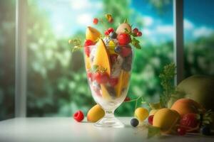 ai gerado gelo creme decorado com frutas em a verão fundo foto