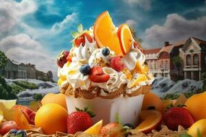 ai gerado gelo creme decorado com frutas em a verão fundo foto