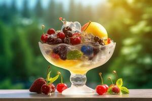 ai gerado gelo creme decorado com frutas em a verão fundo foto