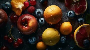 ai gerado fechar-se do fresco frutas com água gotas em Sombrio fundo. saudável Comida conceito foto