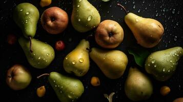 ai gerado fechar-se do peras com água gotas em Sombrio fundo. fruta papel de parede foto