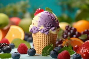 ai gerado gelo creme decorado com frutas em a verão fundo foto