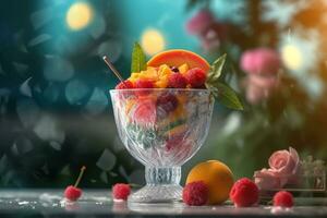 ai gerado gelo creme decorado com frutas em a verão fundo foto