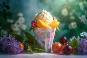 ai gerado gelo creme decorado com frutas e flores em a verão fundo foto