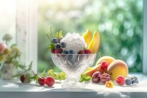 ai gerado gelo creme decorado com frutas em a verão fundo foto