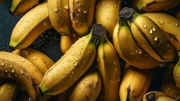 ai gerado fechar-se do bananas com água gotas em Sombrio fundo. fruta papel de parede foto