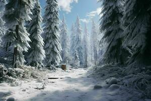 ai gerado uma Nevado alpino floresta com sempre-verde árvores foto