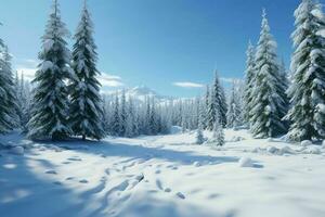 ai gerado uma Nevado alpino floresta com sempre-verde árvores foto