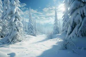 ai gerado uma Nevado inverno país das maravilhas com pinho árvores foto