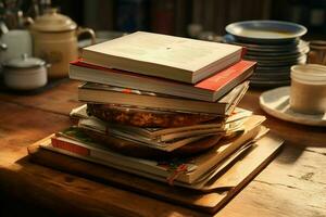 ai gerado uma pilha do vintage livros de receitas aberto para desgastado foto