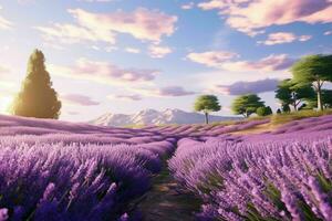 ai gerado uma verão dia dentro uma lavanda campo com árvores foto