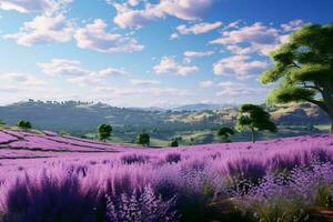 ai gerado uma verão dia dentro uma lavanda campo com árvores foto