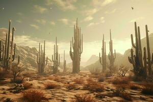 ai gerado uma surreal deserto panorama com saguaro cactos foto