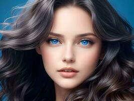 ai gerado uma mulher com ondulado lustroso cabelo e deslumbrante azul olhos ai gerar foto