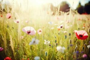 ai gerado flores silvestres dentro luz solar fechar-se verão fundo. ai gerado foto