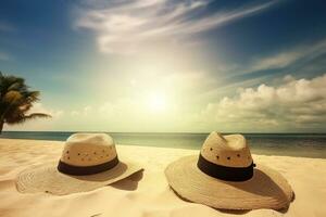 ai gerado Palha chapéus em a de praia fechar-se, verão período de férias fundo. ai gerado foto
