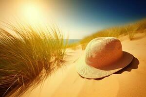 ai gerado Palha chapéu em a de praia fechar-se, verão fundo. ai gerado foto