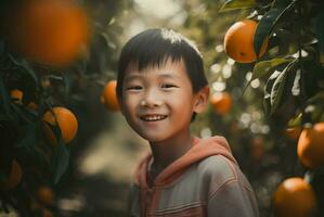 ai gerado chinês criança sorridente perto laranja árvore jardim. gerar ai foto