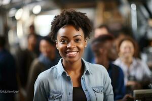 ai gerado bem sucedido americano africano o negócio mulher olhando confiante e sorridente. generativo ai foto