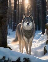 ai gerado Lobo dentro a inverno floresta foto