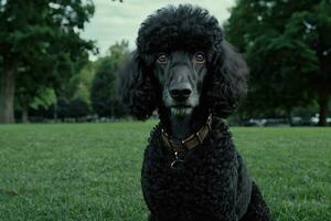 ai gerado uma Preto poodle sentado dentro a Relva foto