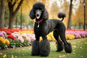 ai gerado uma padrão Preto poodle em pé dentro uma campo do flores foto