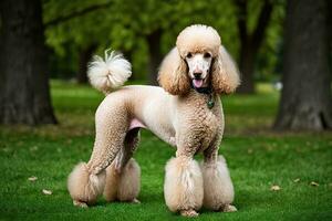 ai gerado uma padrão poodle dentro a parque com Está rabo acima foto