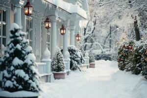 ai gerado inverno Nevado rua com lanternas, Natal árvores decorado com guirlandas e Natal árvore decorações dentro desfocado. Natal exterior dentro a americano estilo. foto