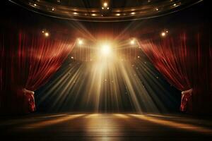 ai gerado esvaziar etapa com vermelho teatro cortina dentro a raios do holofotes. conceito para desempenho, mostrar, show, teatro. generativo ai foto