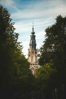 árvore Avenida terminando com a gorjeta do uma Igreja durante luz do dia horas dentro Amsterdã, Holanda. oeste do Europa foto