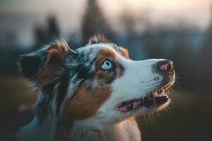 retrato do a australiano pastor cachorro com sorridente face às pôr do sol em topo do uma montanha dentro beskydy montanhas, tcheco república foto