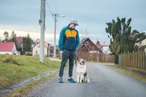 jovem cinologista, uma cachorro treinador trens uma quadrúpede animal australiano pastor dentro básico comandos usando guloseimas. amor entre cachorro e humano. fofura foto