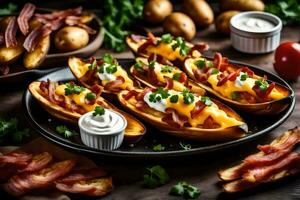 ai gerado cozido batatas com bacon e queijo em uma prato foto