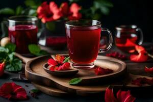 ai gerado vermelho chá com flores e folhas em uma de madeira prato foto