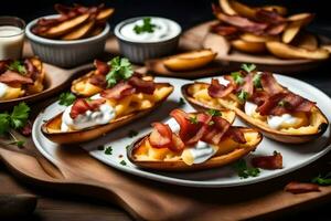 ai gerado cozido batatas com bacon e queijo em uma prato foto