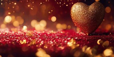 ai gerado dourado coração forma com ouro e vermelho espumante partículas para decoração dia dos namorados dia fundo. foto