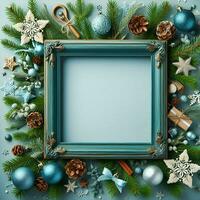 ai gerado Natal quadro, Armação com abeto galhos, azul enfeites e Natal decorações em uma azul fundo foto