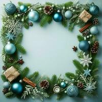 ai gerado Natal quadro, Armação com abeto galhos, azul bolas e decorações em uma azul fundo foto