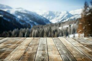 ai gerado esvaziar inverno madeira prancha borda mesa com queda de neve ai gerado foto