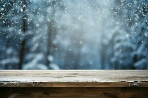 ai gerado esvaziar inverno madeira prancha borda mesa com queda de neve ai gerado foto