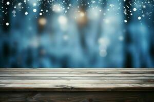 ai gerado esvaziar inverno madeira prancha borda mesa com queda de neve ai gerado foto