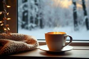 ai gerado copo do chá ou café caneca em mesa perto janela inverno feriados ai gerado foto