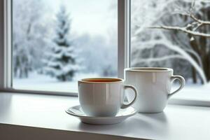 ai gerado copo do chá ou café caneca em mesa perto janela inverno feriados ai gerado foto