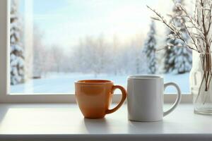 ai gerado copo do chá ou café caneca em mesa perto janela inverno feriados ai gerado foto