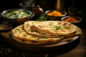 apreciar a nacional tesouro, indiano chapati, dentro uma restaurante configuração ai gerado foto